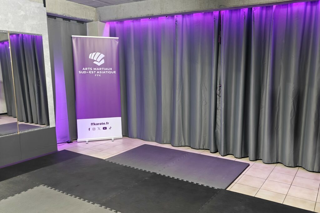 Pencak Silat à Lavaur – Vue d’un angle du gelanggang avec éclairage d'accentuation violet